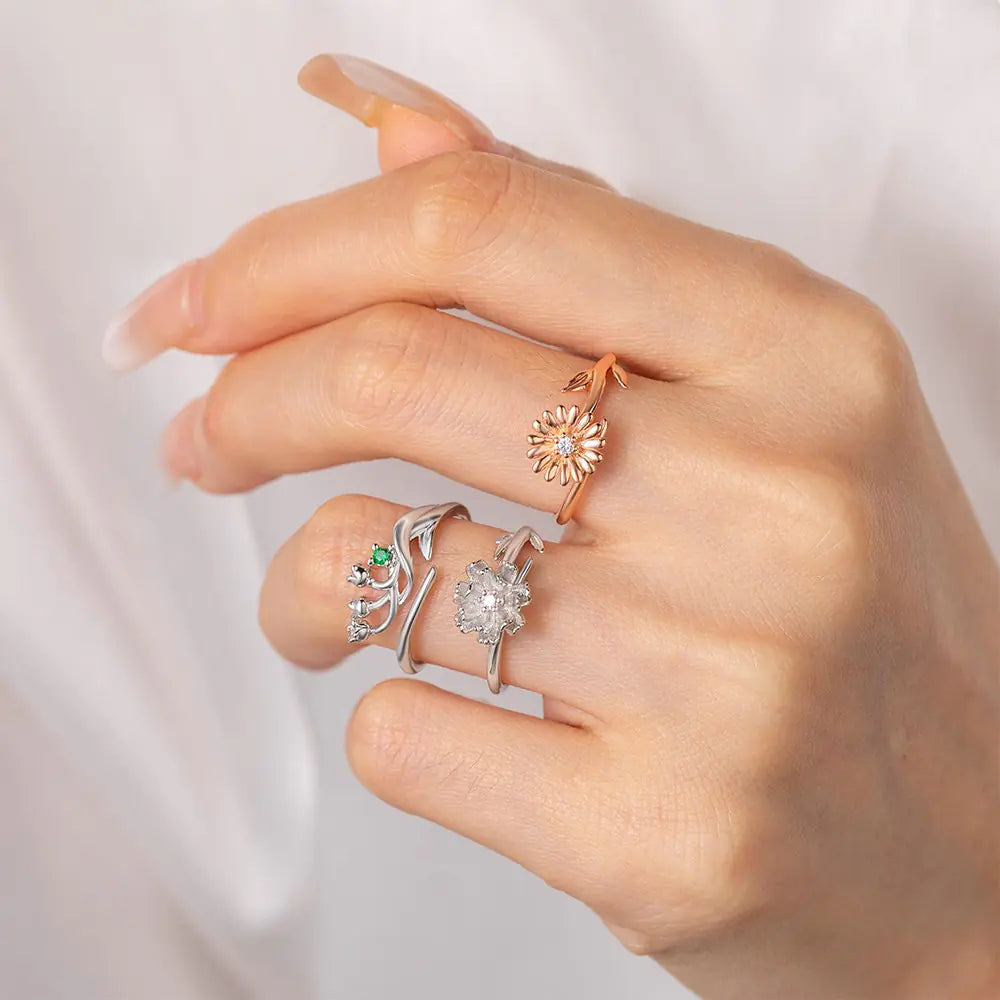 3D FLOWER | Personalized Birth Flower 3D adjustable Ring with Birthstone