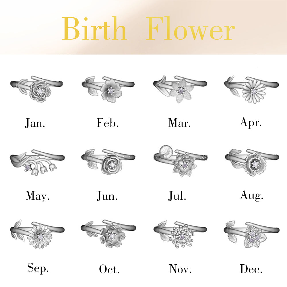 3D FLOWER | Personalized Birth Flower 3D adjustable Ring with Birthstone