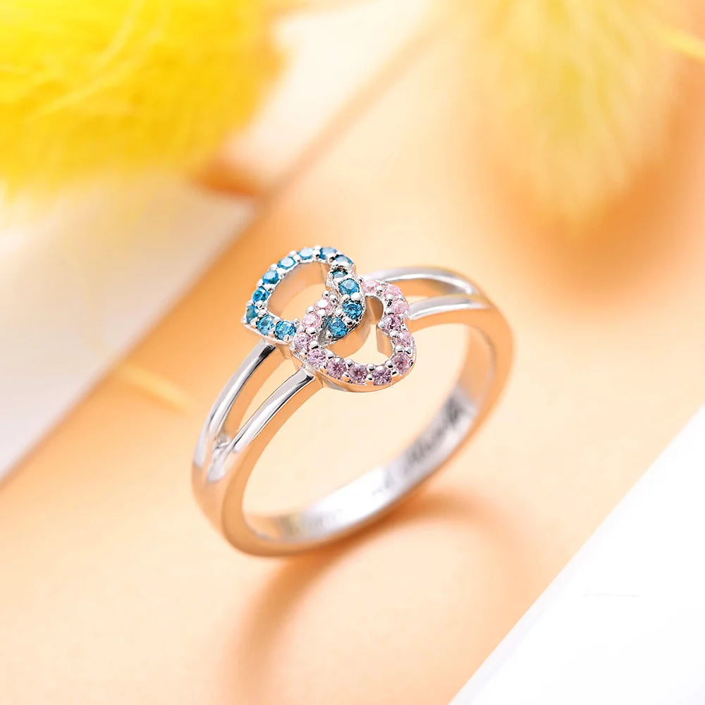 MELIE | Engraved Dual Hearts Birthstones Silver Ring