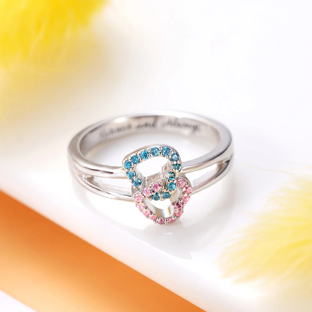 MELIE | Engraved Dual Hearts Birthstones Silver Ring