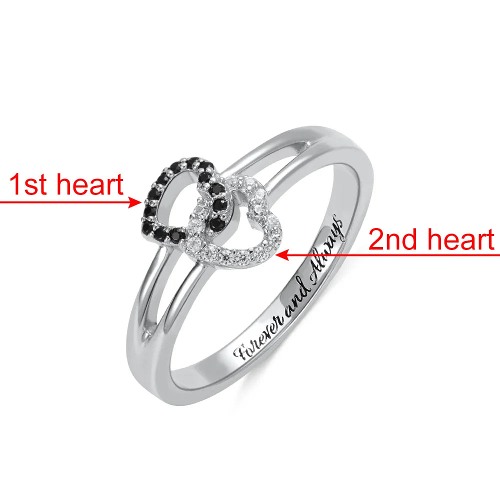 MELIE | Engraved Dual Hearts Birthstones Silver Ring