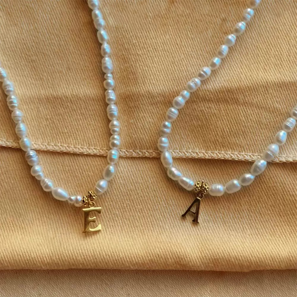 DAINTY FRESHWATER PEARL W GOLD INITIAL| Pearl Necklace with Personalized Gold Initial Pendant