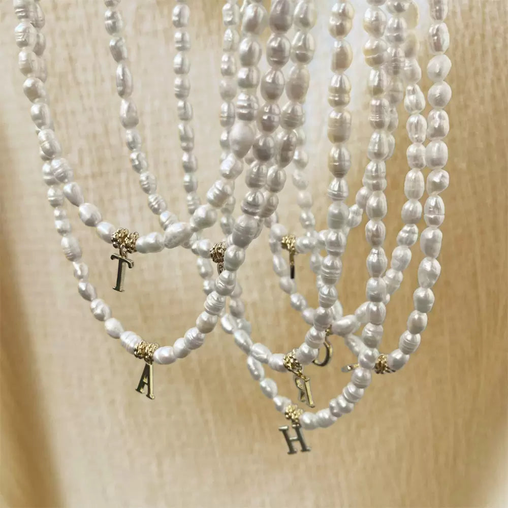 DAINTY FRESHWATER PEARL W GOLD INITIAL| Pearl Necklace with Personalized Gold Initial Pendant
