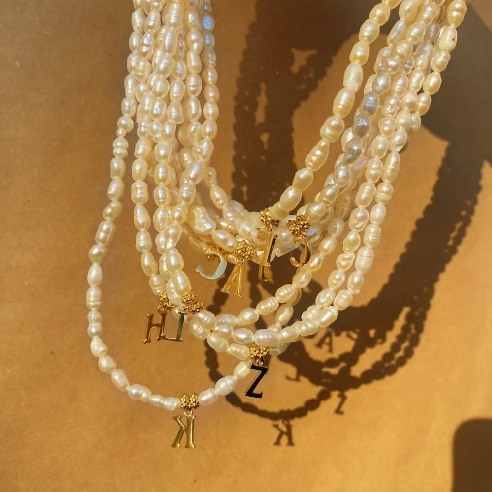 DAINTY FRESHWATER PEARL W GOLD INITIAL| Pearl Necklace with Personalized Gold Initial Pendant