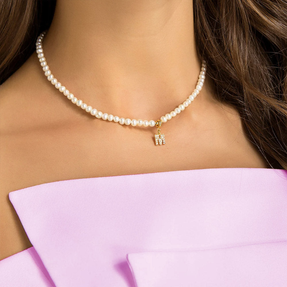 PERAL CHOKER LETTER | Personalized Initial Pearl Choker With Zircon Pendant Letter Charm