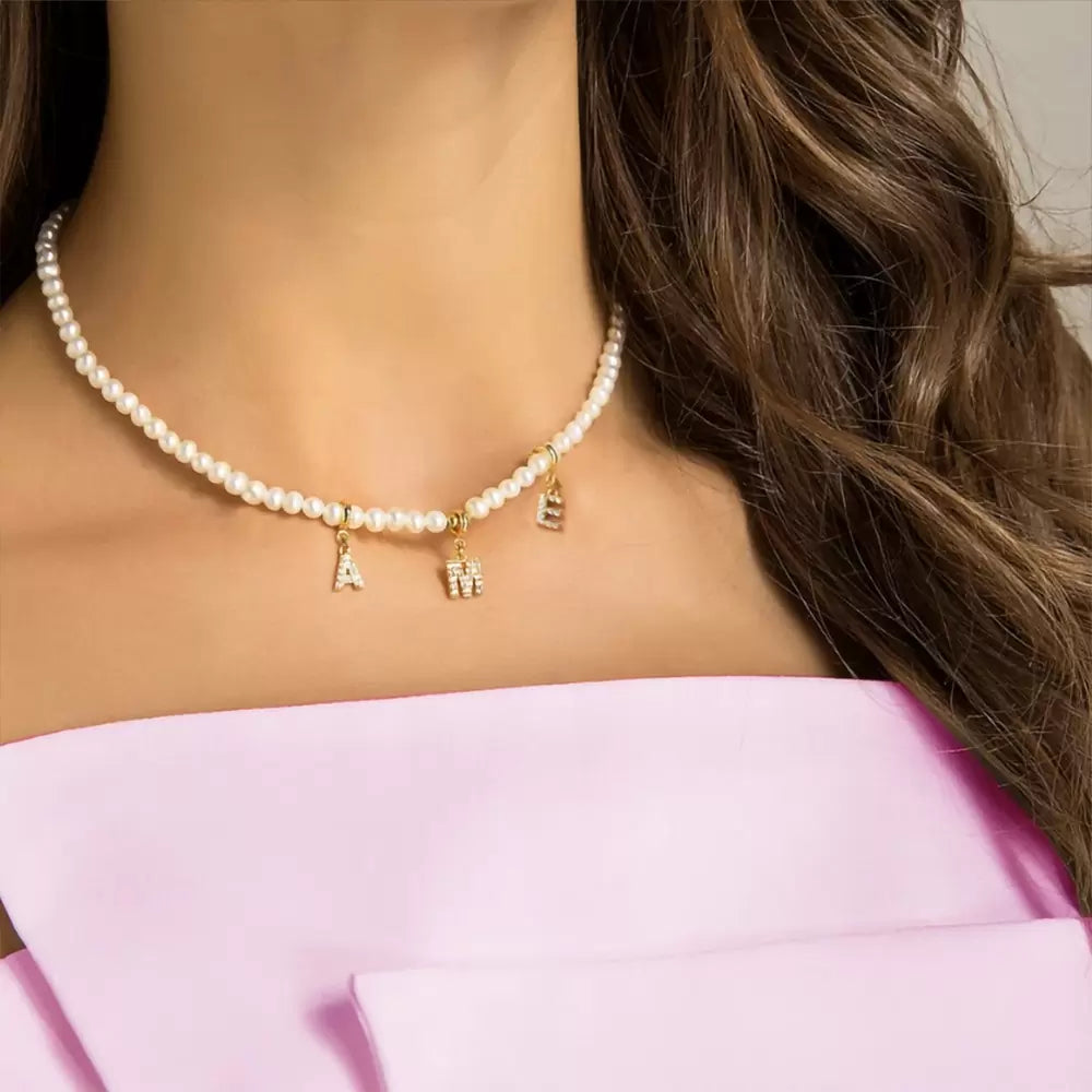 PERAL CHOKER LETTER | Personalized Initial Pearl Choker With Zircon Pendant Letter Charm