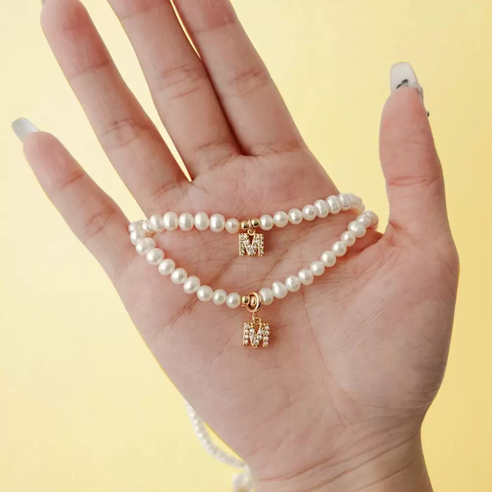 PERAL CHOKER LETTER | Personalized Initial Pearl Choker With Zircon Pendant Letter Charm