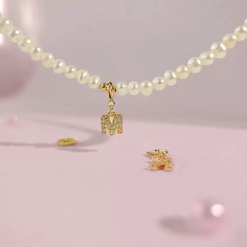 PERAL CHOKER LETTER | Personalized Initial Pearl Choker With Zircon Pendant Letter Charm