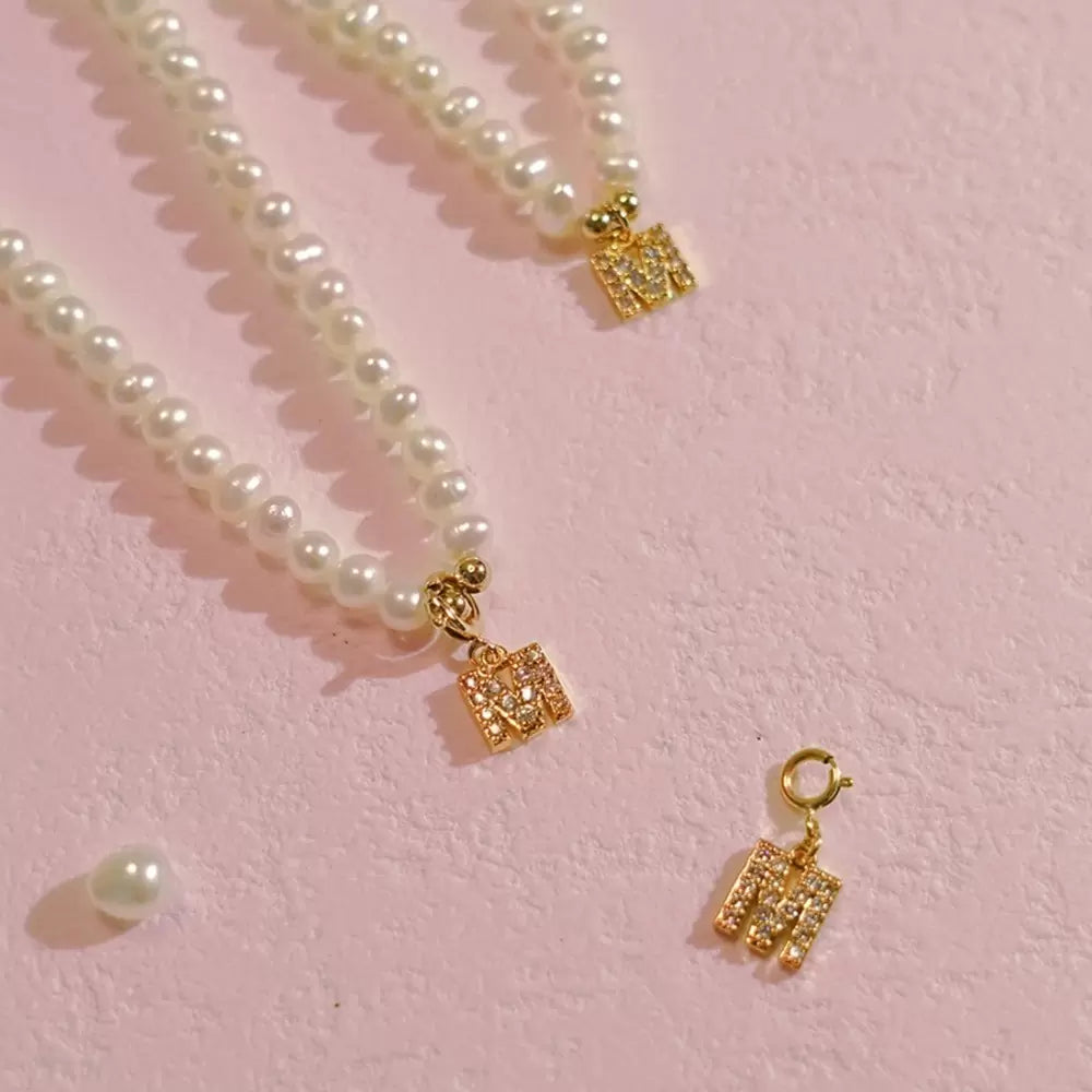 PERAL CHOKER LETTER | Personalized Initial Pearl Choker With Zircon Pendant Letter Charm