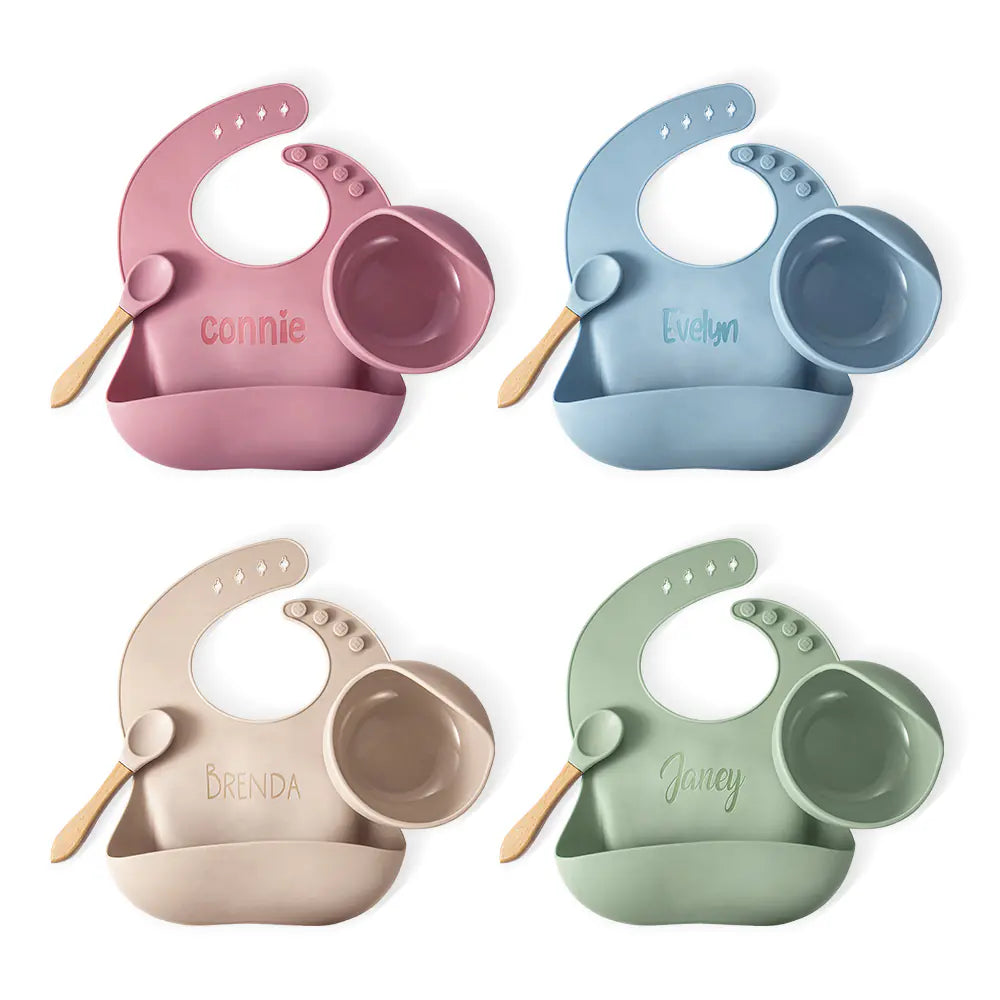 MY FIRST MEAL SET | Personalized Engraved Silicone Bib, Suction Bowl and Plates, Spoon Feeding Set