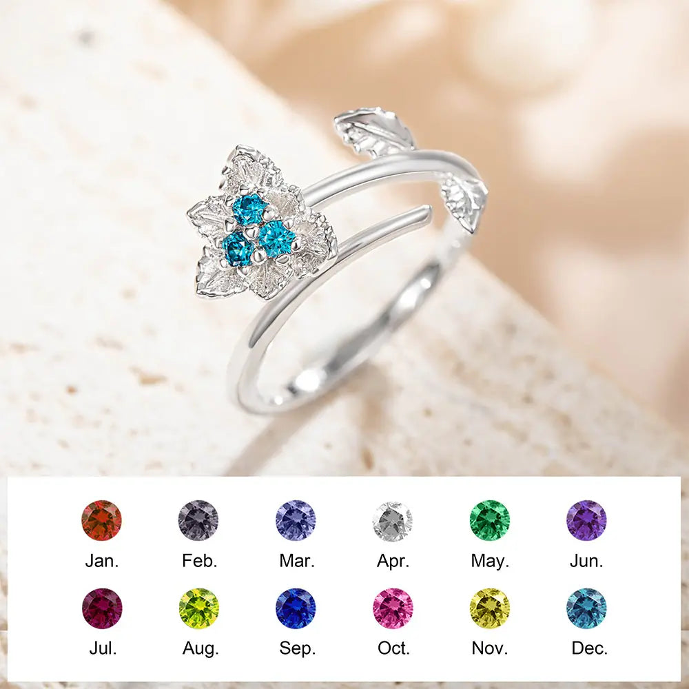 3D FLOWER | Personalized Birth Flower 3D adjustable Ring with Birthstone