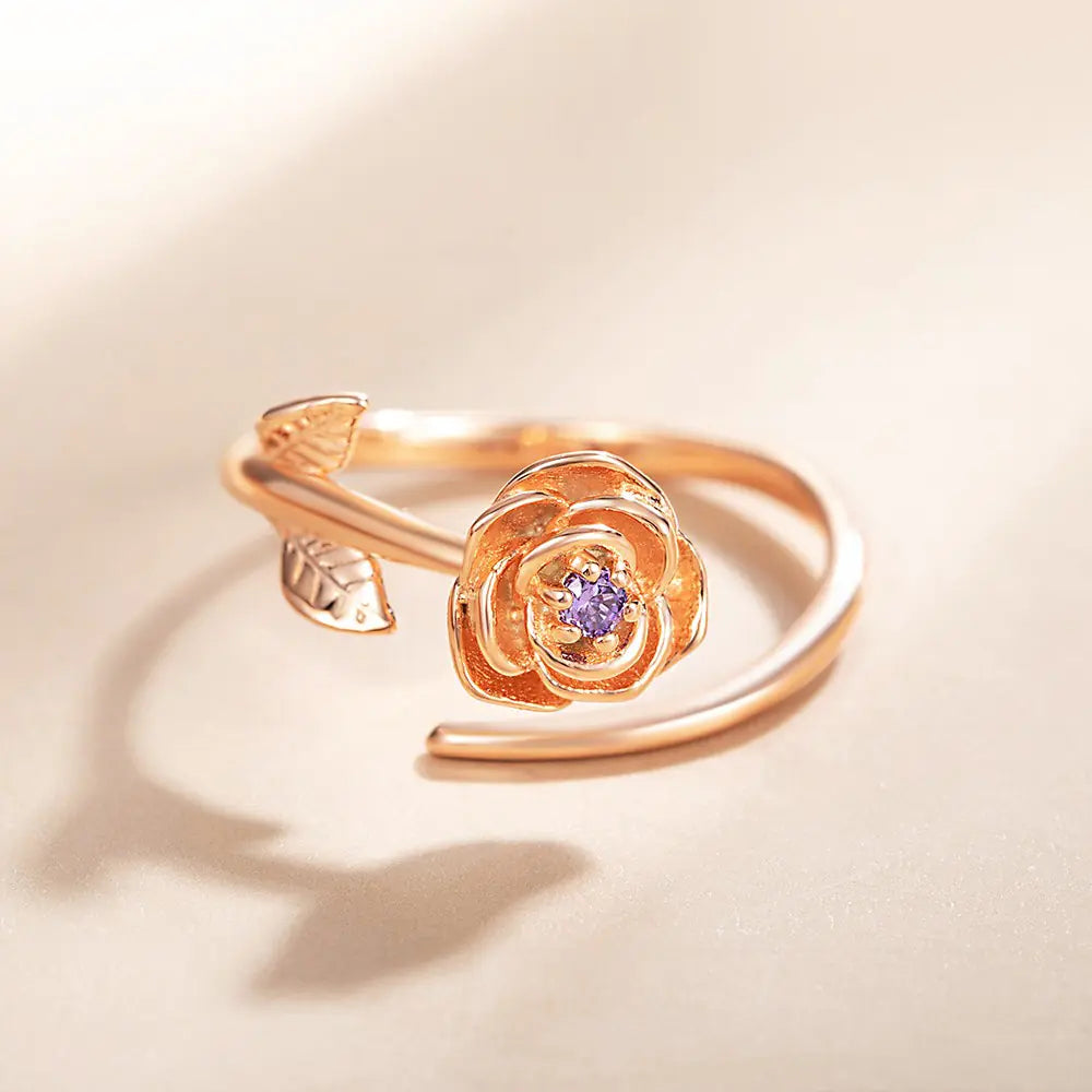 3D FLOWER | Personalized Birth Flower 3D adjustable Ring with Birthstone