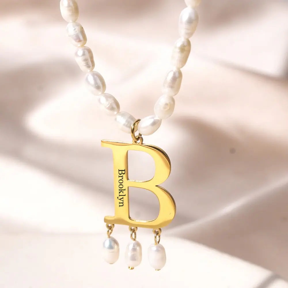 CHOKER INITIAL PEARL | Custom Gold Initial Choker Pendant Pearl Necklace