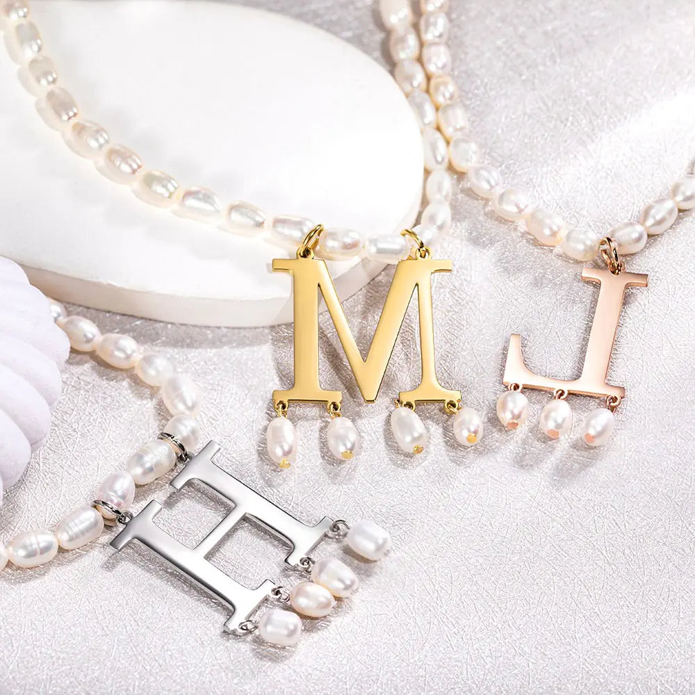 CHOKER INITIAL PEARL | Custom Gold Initial Choker Pendant Pearl Necklace