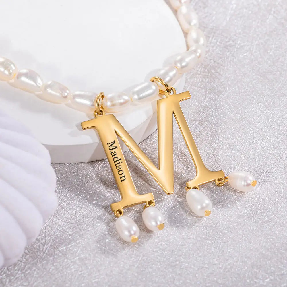CHOKER INITIAL PEARL | Custom Gold Initial Choker Pendant Pearl Necklace
