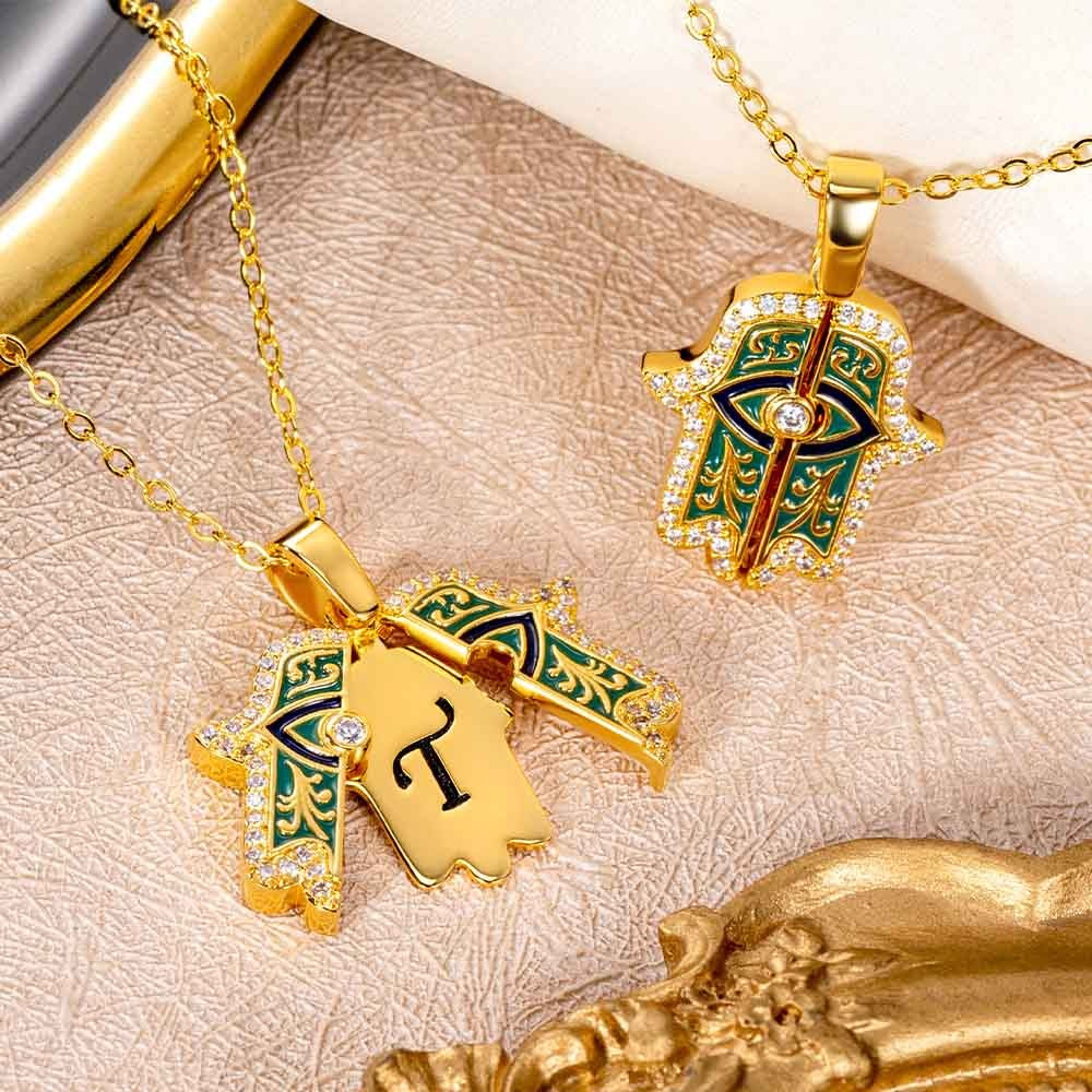 HAND OF FATIMA W INITIAL | Custom Initial Gold Hamsa Necklace, Hand of Fatima Pendant, Evil Eye , Amulet for Protection & Good Luck