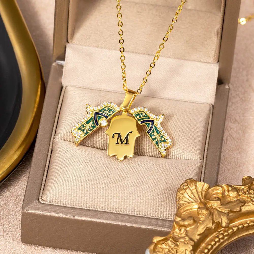 HAND OF FATIMA W INITIAL | Custom Initial Gold Hamsa Necklace, Hand of Fatima Pendant, Evil Eye , Amulet for Protection & Good Luck