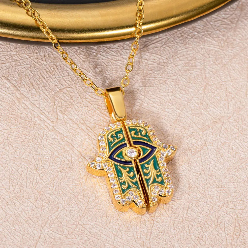 HAND OF FATIMA W INITIAL | Custom Initial Gold Hamsa Necklace, Hand of Fatima Pendant, Evil Eye , Amulet for Protection & Good Luck