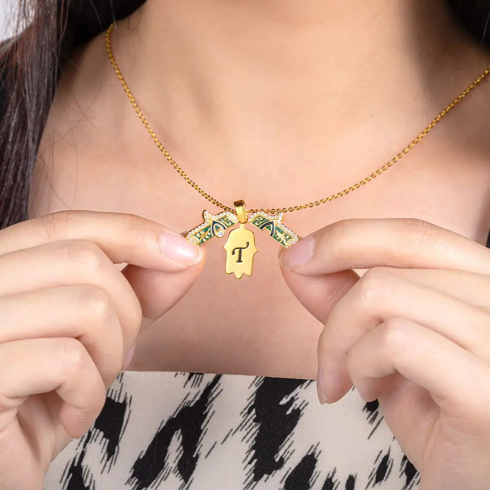 HAND OF FATIMA W INITIAL | Custom Initial Gold Hamsa Necklace, Hand of Fatima Pendant, Evil Eye , Amulet for Protection & Good Luck