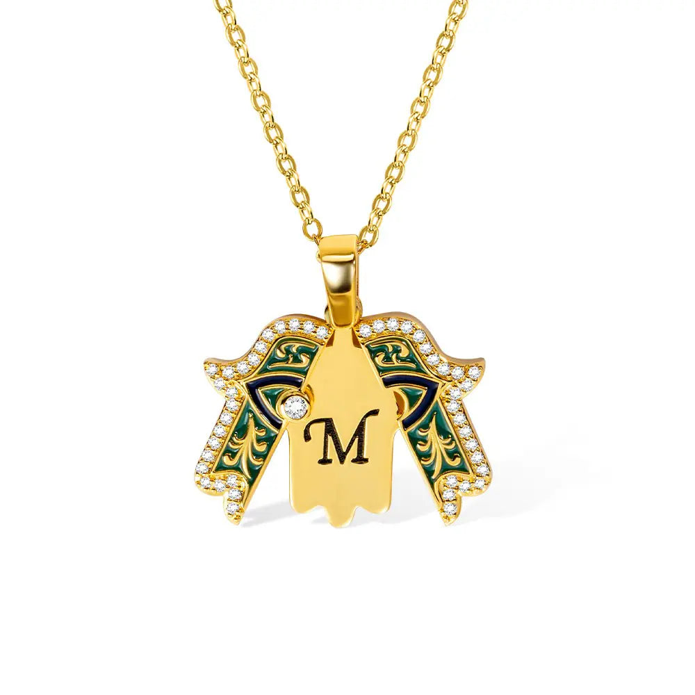 HAND OF FATIMA W INITIAL | Custom Initial Gold Hamsa Necklace, Hand of Fatima Pendant, Evil Eye , Amulet for Protection & Good Luck
