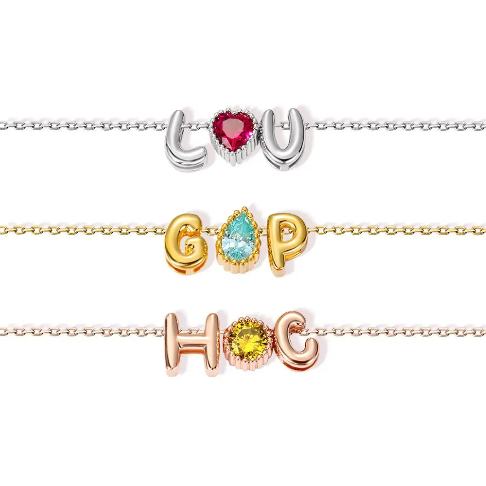 DOUBLE BUBBLE LETTER W BIRTHSTONE | 3D Ballon Initiaal Ketting Met Geboortesteen