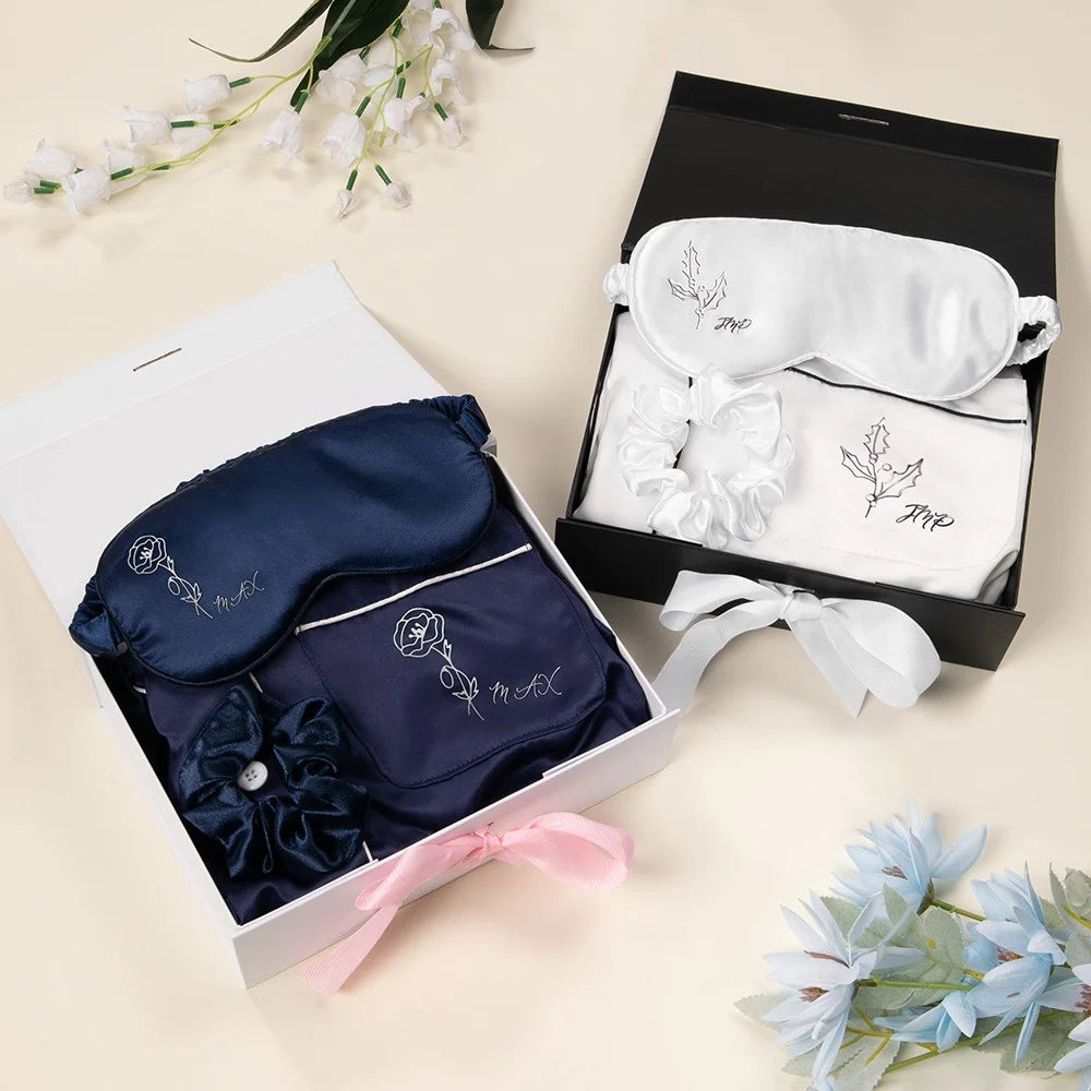 MY NIGHT CUDDLE SET | Custom Name Birth Flower Satin Nightgown, Eye Mask & Hair Band Set