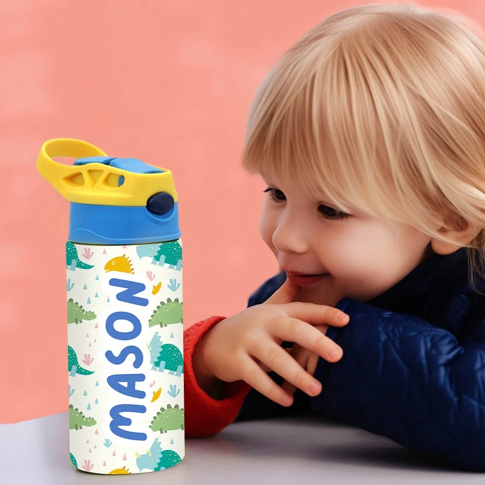 MIJN CARTOONSTALEN FLES | Gepersonaliseerde Naam Cartoonfles met Rietje, 350ml Roestvrij Staal