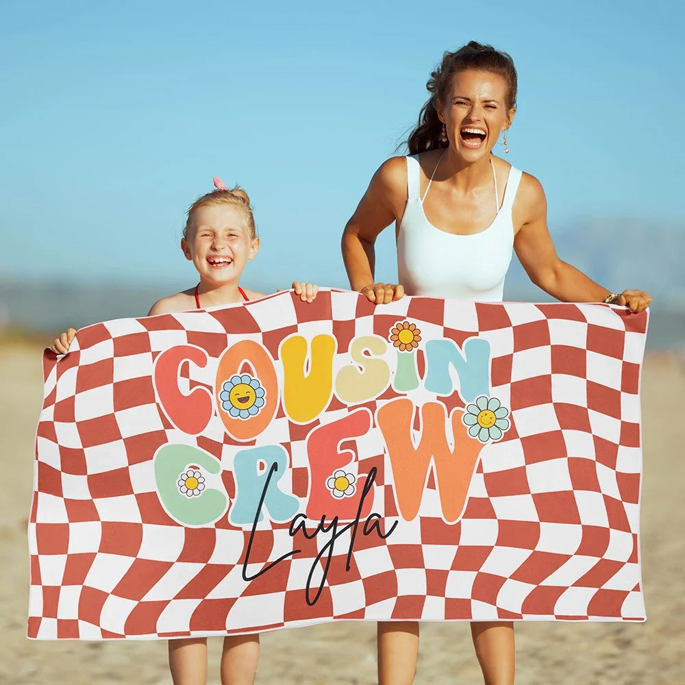 MY COUSIN CREW BEACH TOWEL | Personalized Name Cousin Crew Colorful Plaid Beach Towel