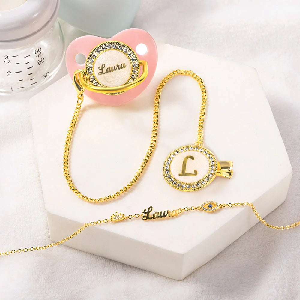 Gepersonaliseerde naam speenhouder clip set, BPA-vrij, aangepaste siliconen fopspeen voor 0-6 maanden pasgeboren meisjes/jongens/prematuren, gouden luxe cadeaus voor babyâ€™s