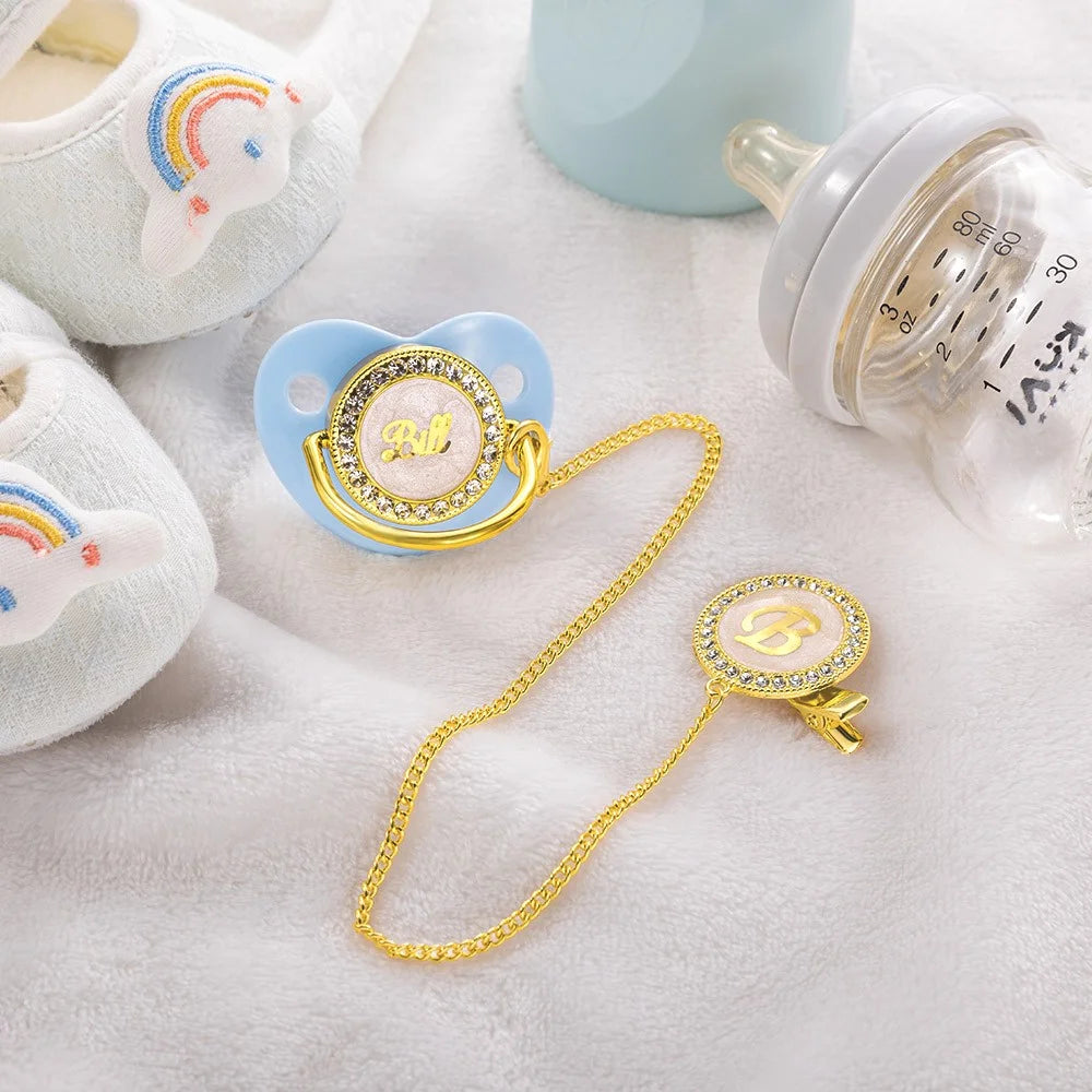 Personalized Name Pacifier Holder Clip Set, BPA Free, Custom Silicone Soother for 0-6 Months Newborn Girls/Boys/Preemie, Gold Luxury Gifts for Baby