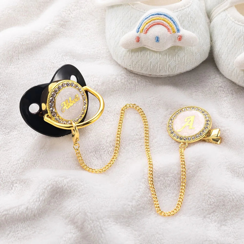 Gepersonaliseerde naam speenhouder clip set, BPA-vrij, aangepaste siliconen fopspeen voor 0-6 maanden pasgeboren meisjes/jongens/prematuren, gouden luxe cadeaus voor babyâ€™s