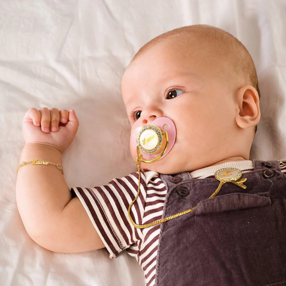 Gepersonaliseerde naam speenhouder clip set, BPA-vrij, aangepaste siliconen fopspeen voor 0-6 maanden pasgeboren meisjes/jongens/prematuren, gouden luxe cadeaus voor babyâ€™s