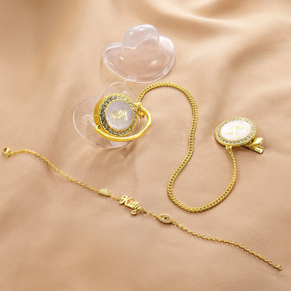 Gepersonaliseerde naam speenhouder clip set, BPA-vrij, aangepaste siliconen fopspeen voor 0-6 maanden pasgeboren meisjes/jongens/prematuren, gouden luxe cadeaus voor babyâ€™s