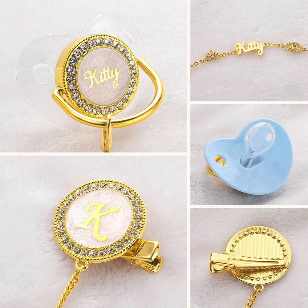 Gepersonaliseerde naam speenhouder clip set, BPA-vrij, aangepaste siliconen fopspeen voor 0-6 maanden pasgeboren meisjes/jongens/prematuren, gouden luxe cadeaus voor babyâ€™s