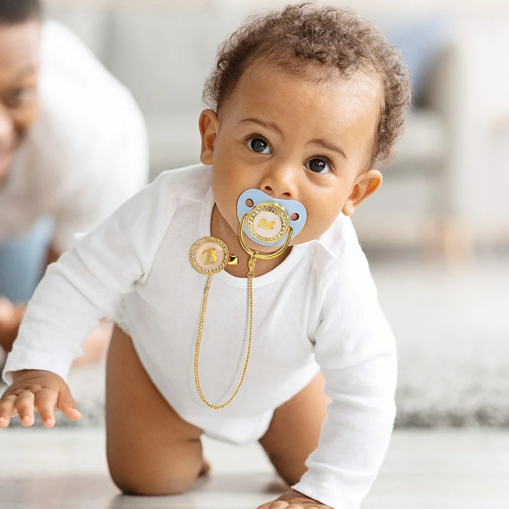 Gepersonaliseerde naam speenhouder clip set, BPA-vrij, aangepaste siliconen fopspeen voor 0-6 maanden pasgeboren meisjes/jongens/prematuren, gouden luxe cadeaus voor babyâ€™s