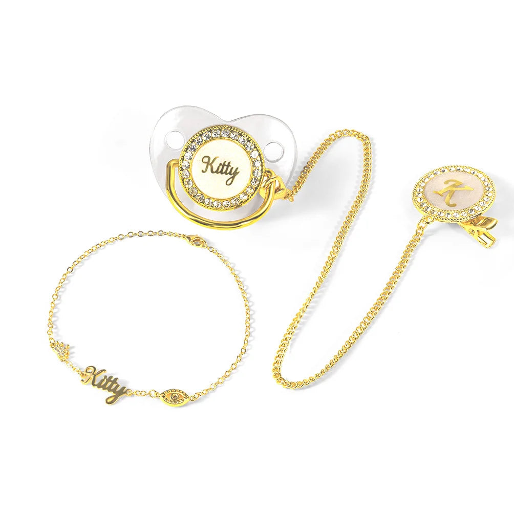 Gepersonaliseerde naam speenhouder clip set, BPA-vrij, aangepaste siliconen fopspeen voor 0-6 maanden pasgeboren meisjes/jongens/prematuren, gouden luxe cadeaus voor babyâ€™s