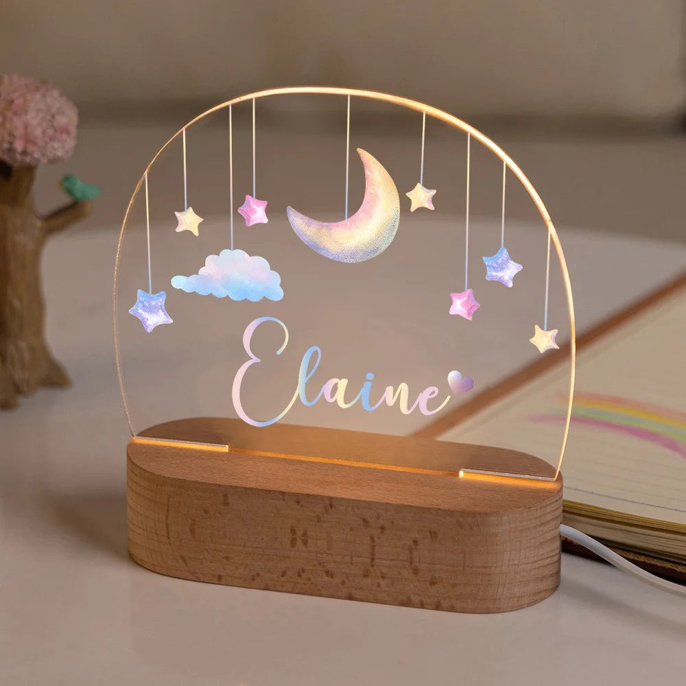 MY FIRST LAMP | Custom Name Colorful Moon & Stars Night Light, Acrylic Plaque LED Lamp with Wooden Base