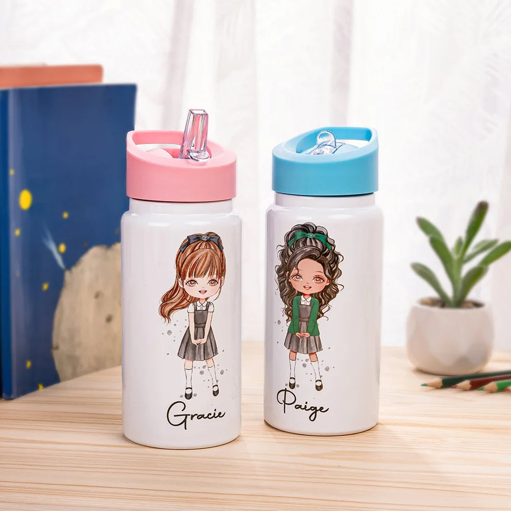 GIRLS WATER BOTTLE WITH STRAW | Personalized Name Girls School Tumbler, 14oz Stainless Steel Water Bottle with Straw