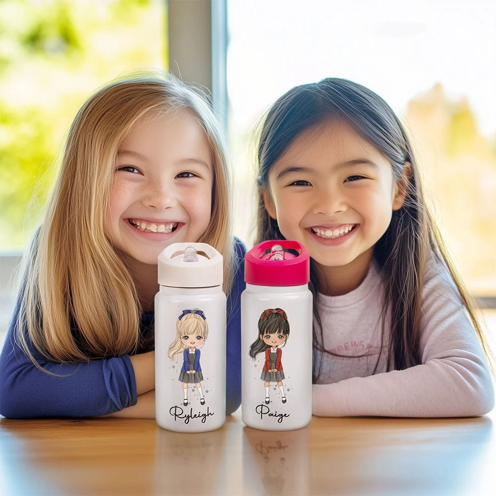 GIRLS WATER BOTTLE WITH STRAW | Personalized Name Girls School Tumbler, 14oz Stainless Steel Water Bottle with Straw