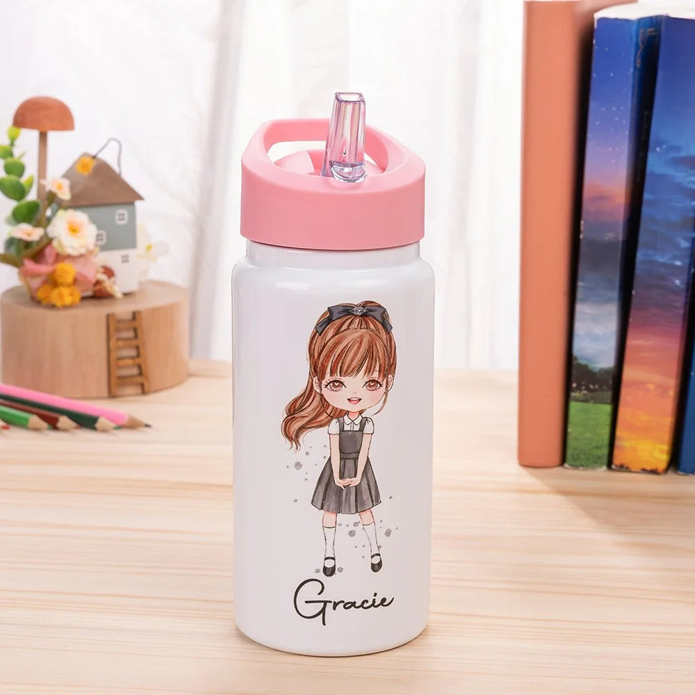 GIRLS WATER BOTTLE WITH STRAW | Personalized Name Girls School Tumbler, 14oz Stainless Steel Water Bottle with Straw