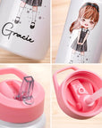 GIRLS WATER BOTTLE WITH STRAW | Personalized Name Girls School Tumbler, 14oz Stainless Steel Water Bottle with Straw