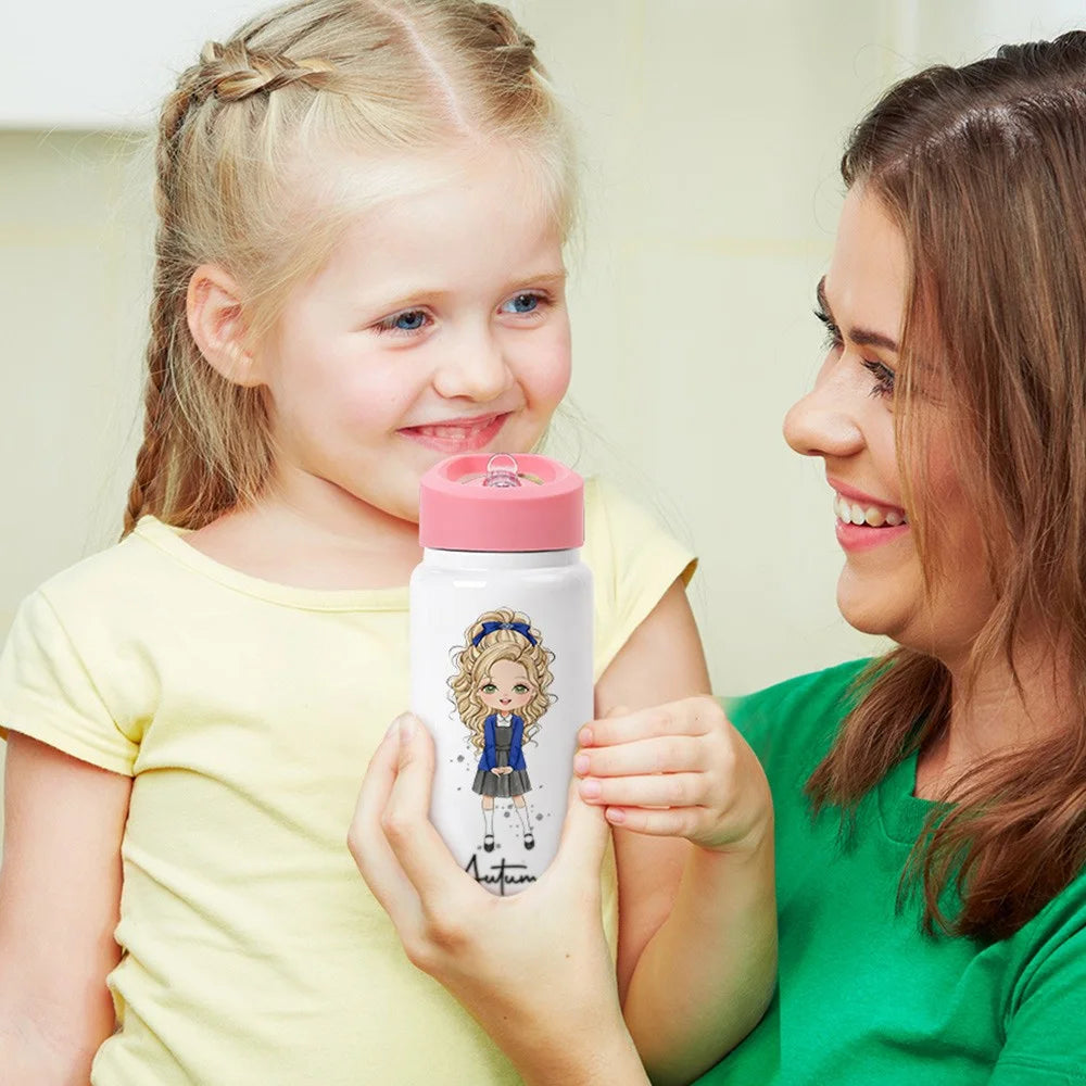 GIRLS WATER BOTTLE WITH STRAW | Personalized Name Girls School Tumbler, 14oz Stainless Steel Water Bottle with Straw