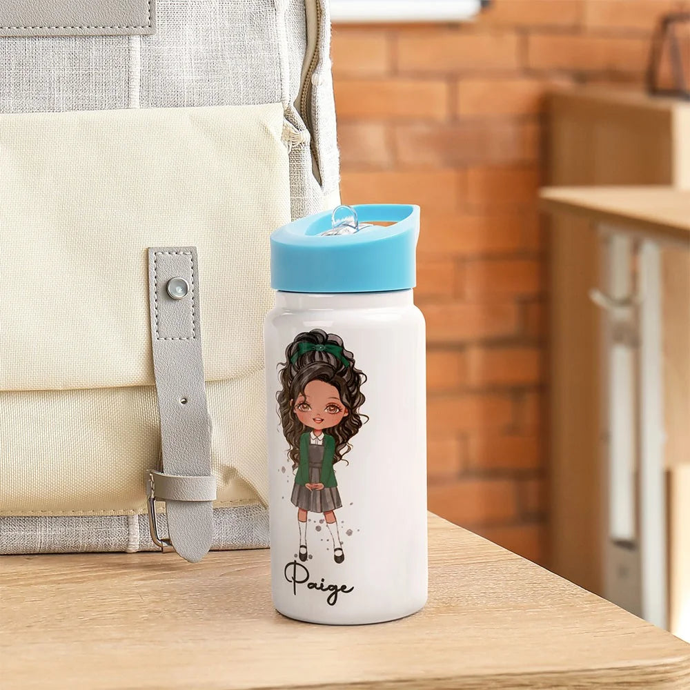 GIRLS WATER BOTTLE WITH STRAW | Personalized Name Girls School Tumbler, 14oz Stainless Steel Water Bottle with Straw