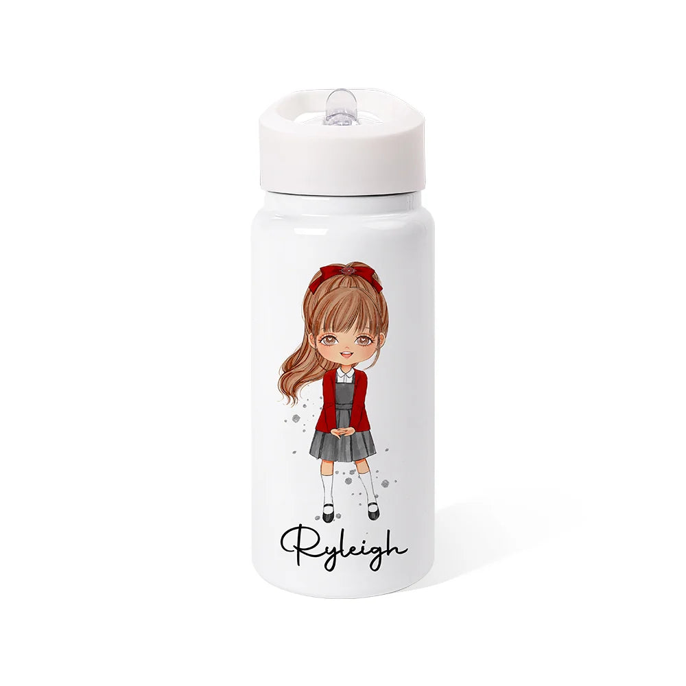 GIRLS WATER BOTTLE WITH STRAW | Personalized Name Girls School Tumbler, 14oz Stainless Steel Water Bottle with Straw