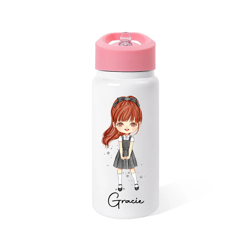 GIRLS WATER BOTTLE WITH STRAW | Personalized Name Girls School Tumbler, 14oz Stainless Steel Water Bottle with Straw