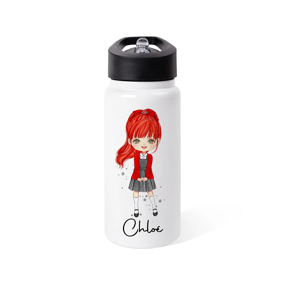 GIRLS WATER BOTTLE WITH STRAW | Personalized Name Girls School Tumbler, 14oz Stainless Steel Water Bottle with Straw