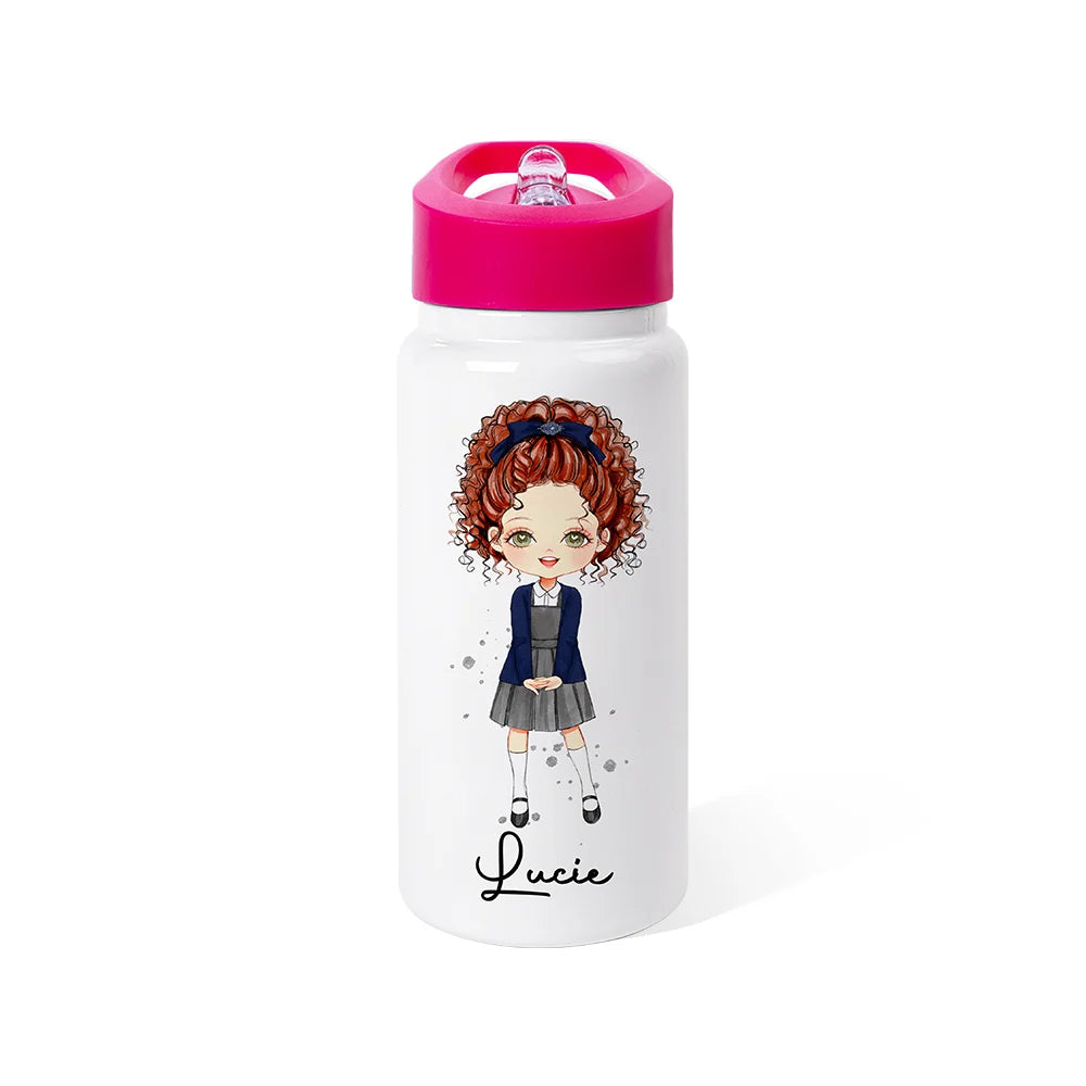 GIRLS WATER BOTTLE WITH STRAW | Personalized Name Girls School Tumbler, 14oz Stainless Steel Water Bottle with Straw