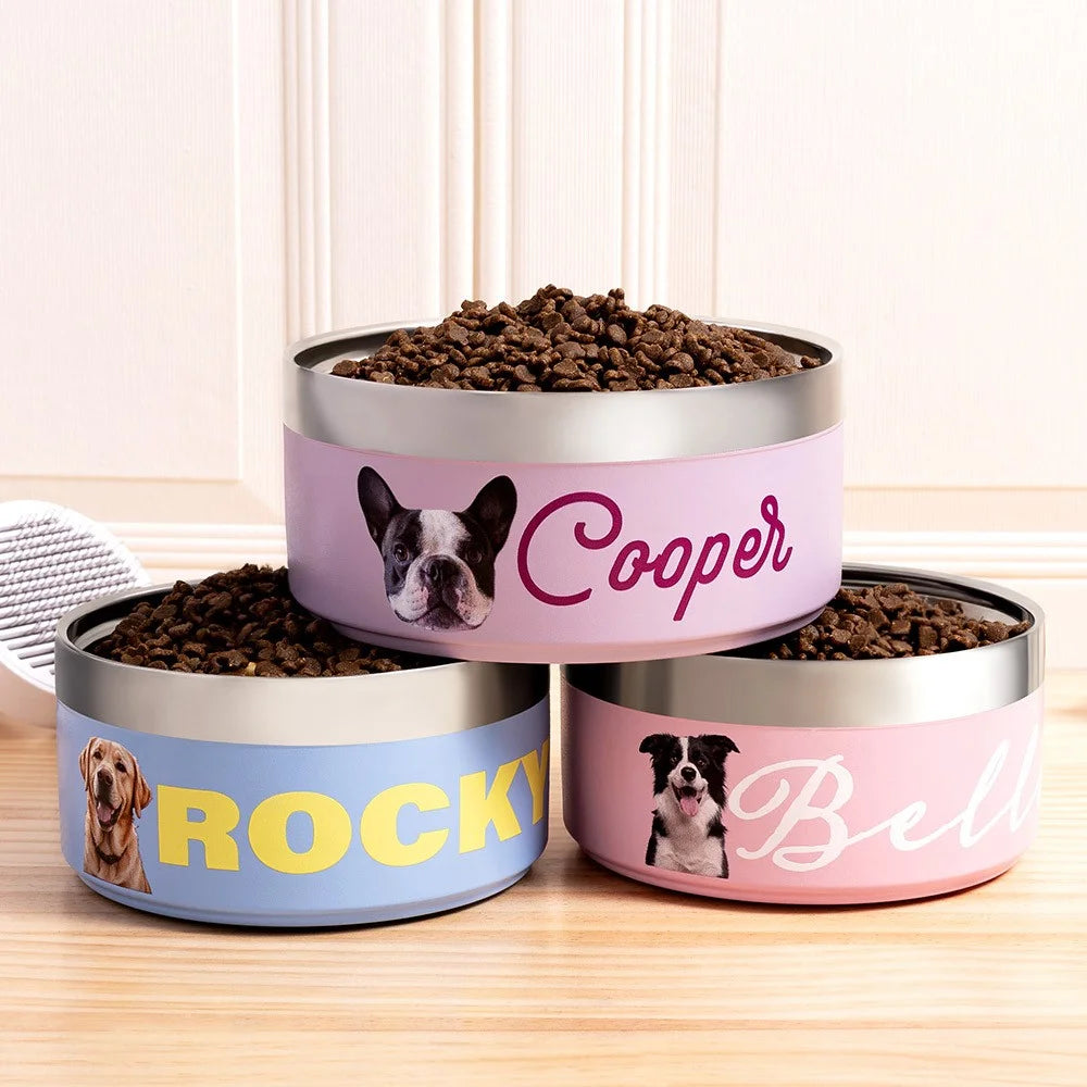 Gepersonaliseerde foto- en naam hondenkom, aangepaste roestvrijstalen huisdierensnoepjescontainer voor voedsel en water, voerkom voor puppycadeaus voor kleine, middelgrote/grote honden