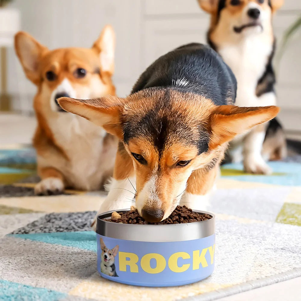 Gepersonaliseerde foto- en naam hondenkom, aangepaste roestvrijstalen huisdierensnoepjescontainer voor voedsel en water, voerkom voor puppycadeaus voor kleine, middelgrote/grote honden
