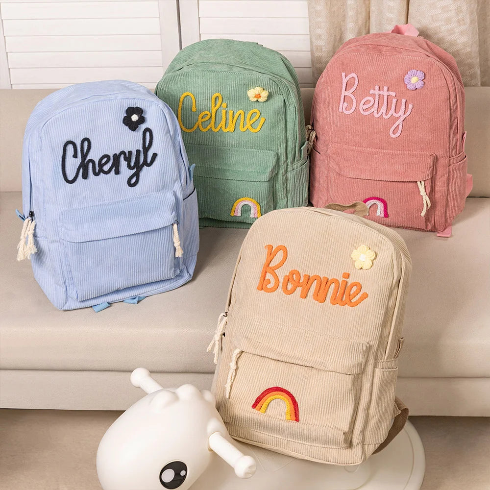 MY FIRST BRAIDED BACKPACK | Personalized Braided Flower Rainbow Name Corduroy Backpack, Custom Toddler School \ beach Bag